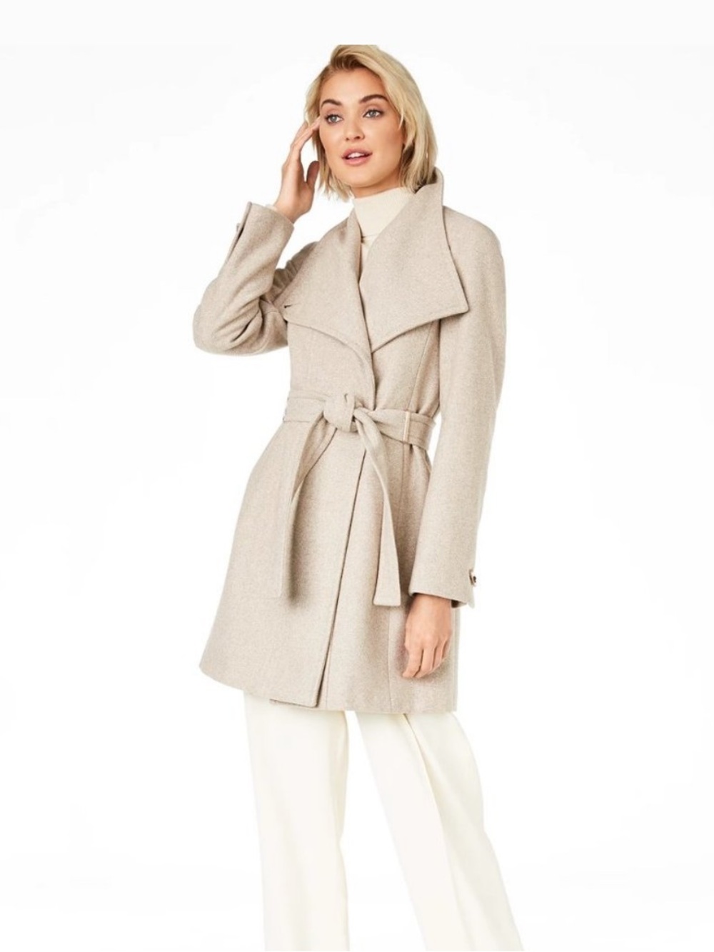 Calvin Klein Wool Asymmetrical Belted Wrap Coat Plus Size 2X Oatmeal Twill